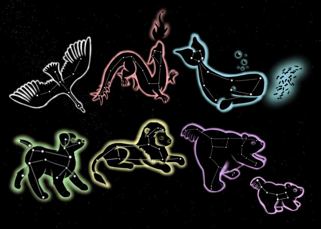Group of brightly coloured animals including a lion and whale in Life Science Centre's 'Little Bear' planetarium show.