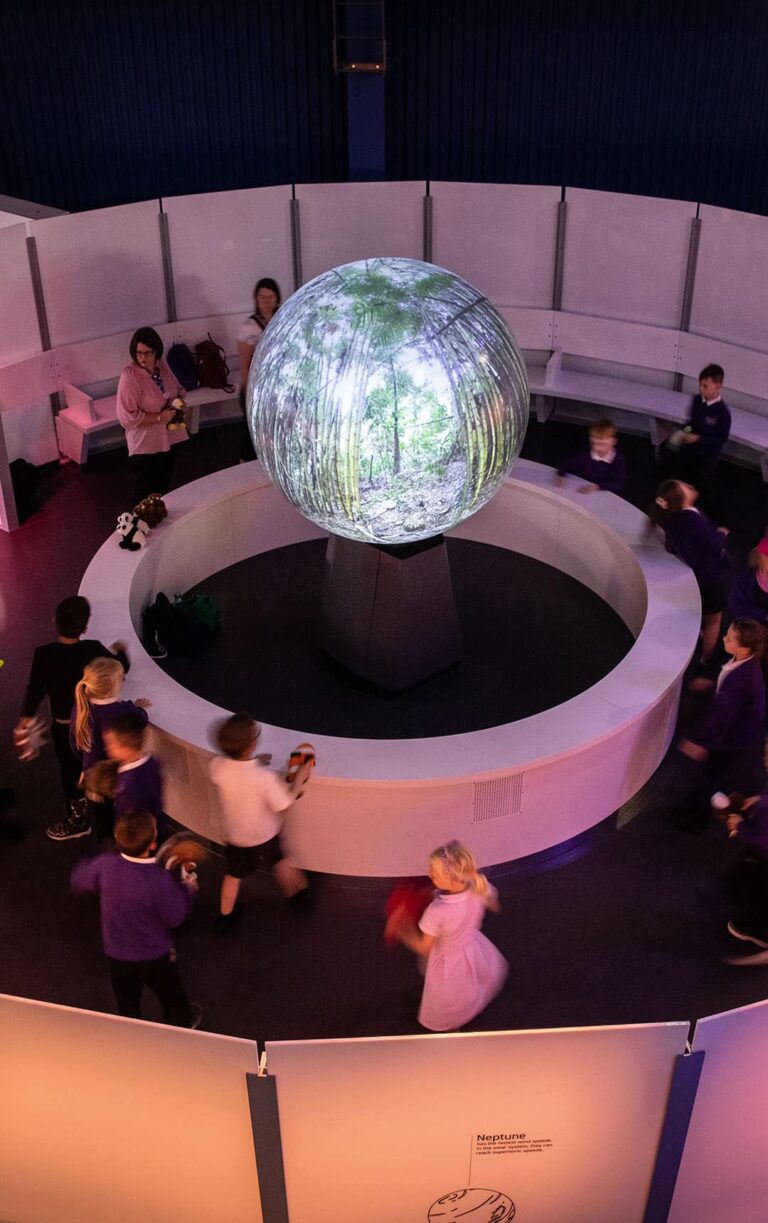 Students around Life's Sphere taking part in the Where on Earth schools' workshop.