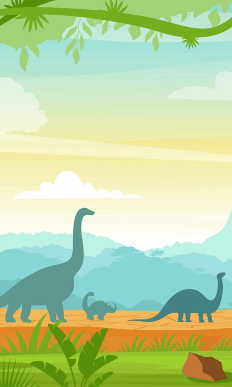 Silhouette Of Dinosaurs On The Jurassic Period Landscape With Mountains, Volcano And Tropical Plants In Flat Cartoon Style.