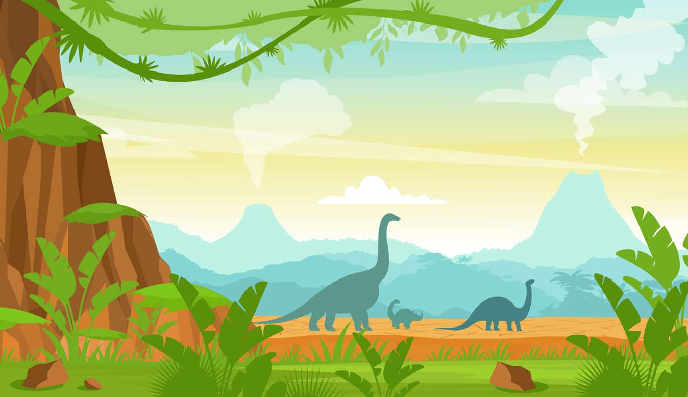 Silhouette Of Dinosaurs On The Jurassic Period Landscape With Mountains, Volcano And Tropical Plants In Flat Cartoon Style.