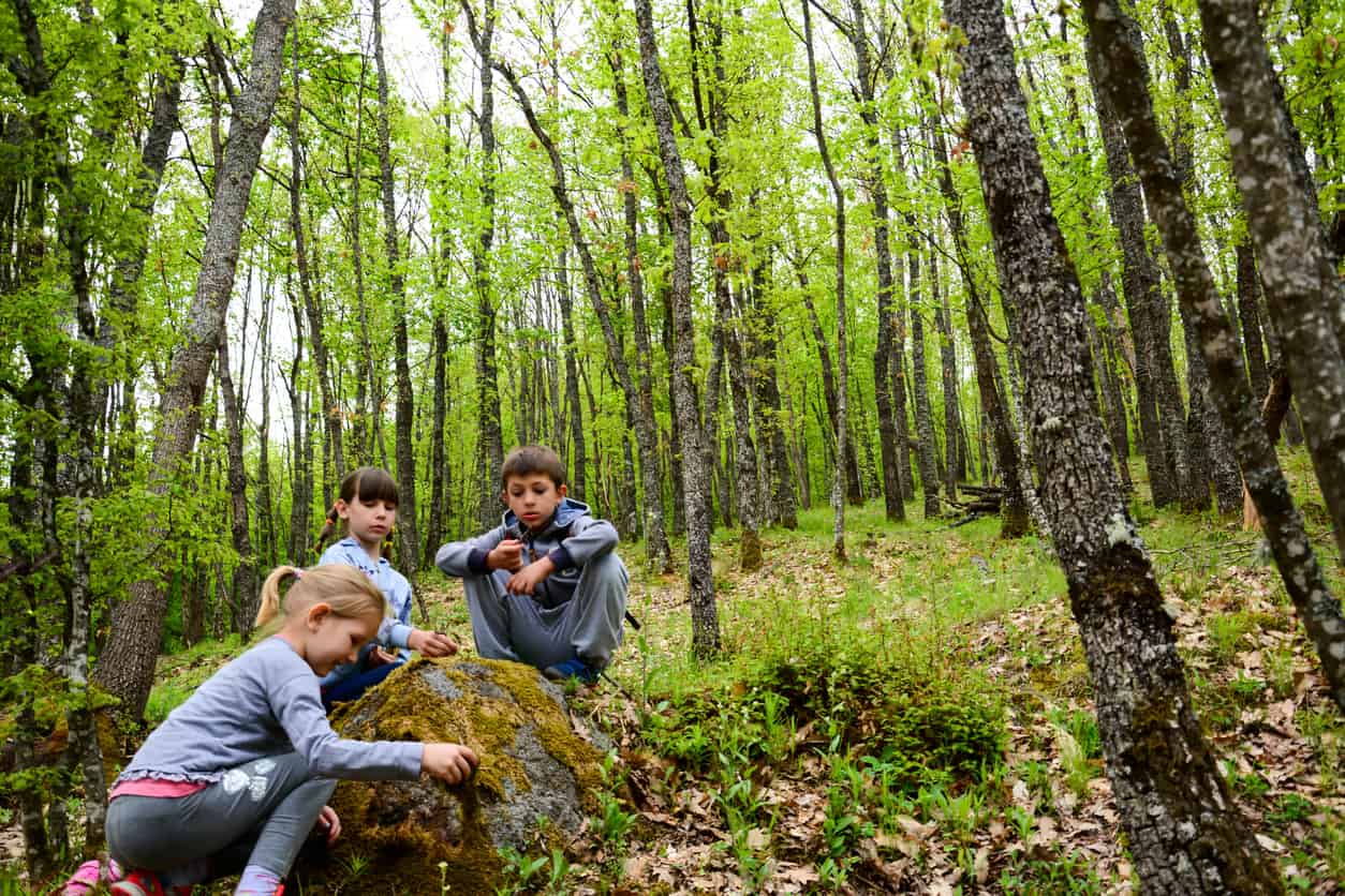 Brothers And sister outside on a spring scavenger hunt.