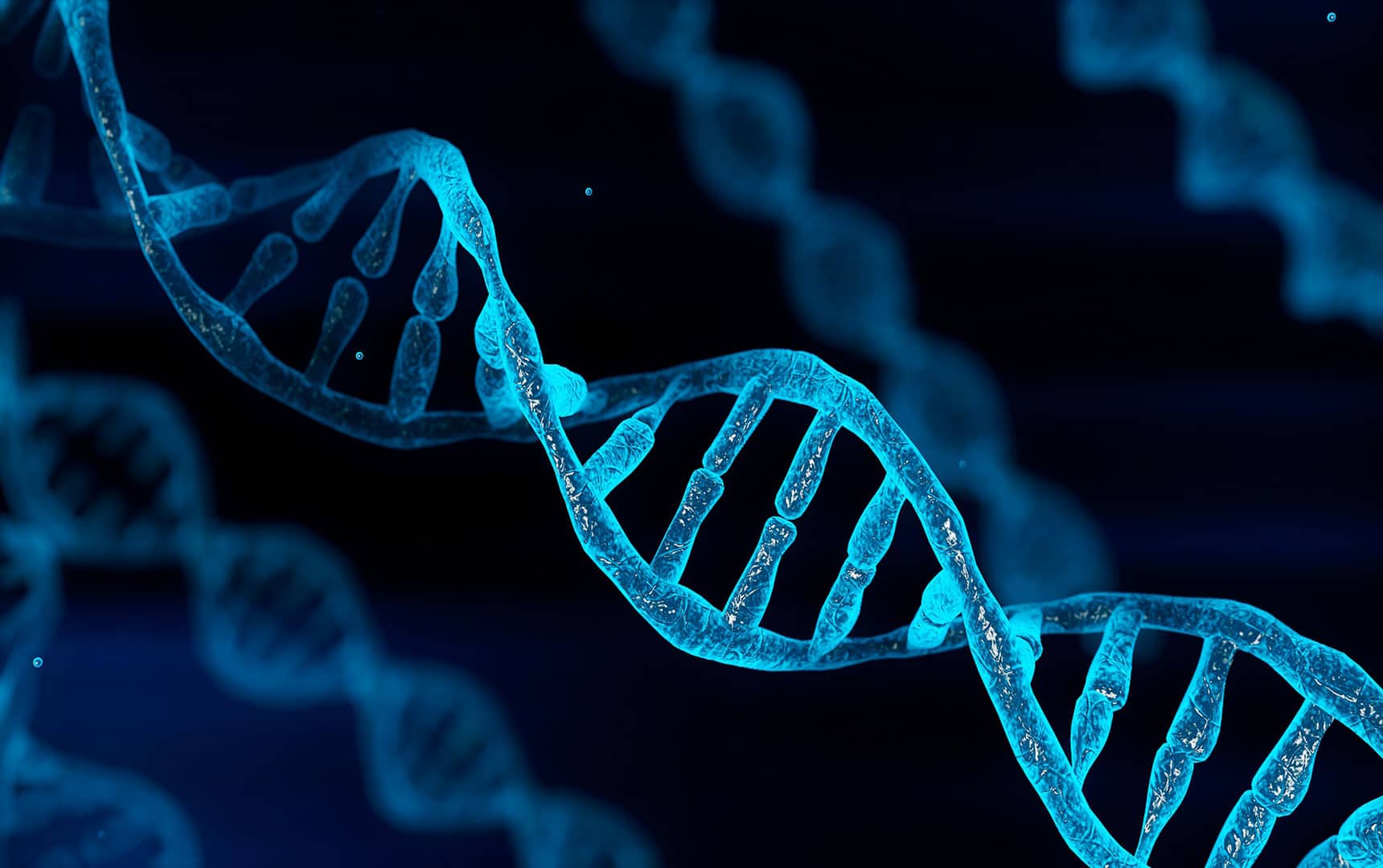 DNA chain strand on a black background, microscopic image.