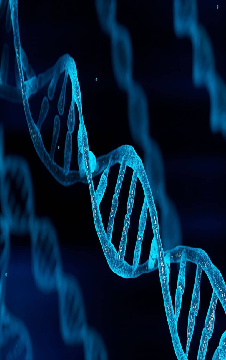 DNA chain strand on a black background, microscopic image.