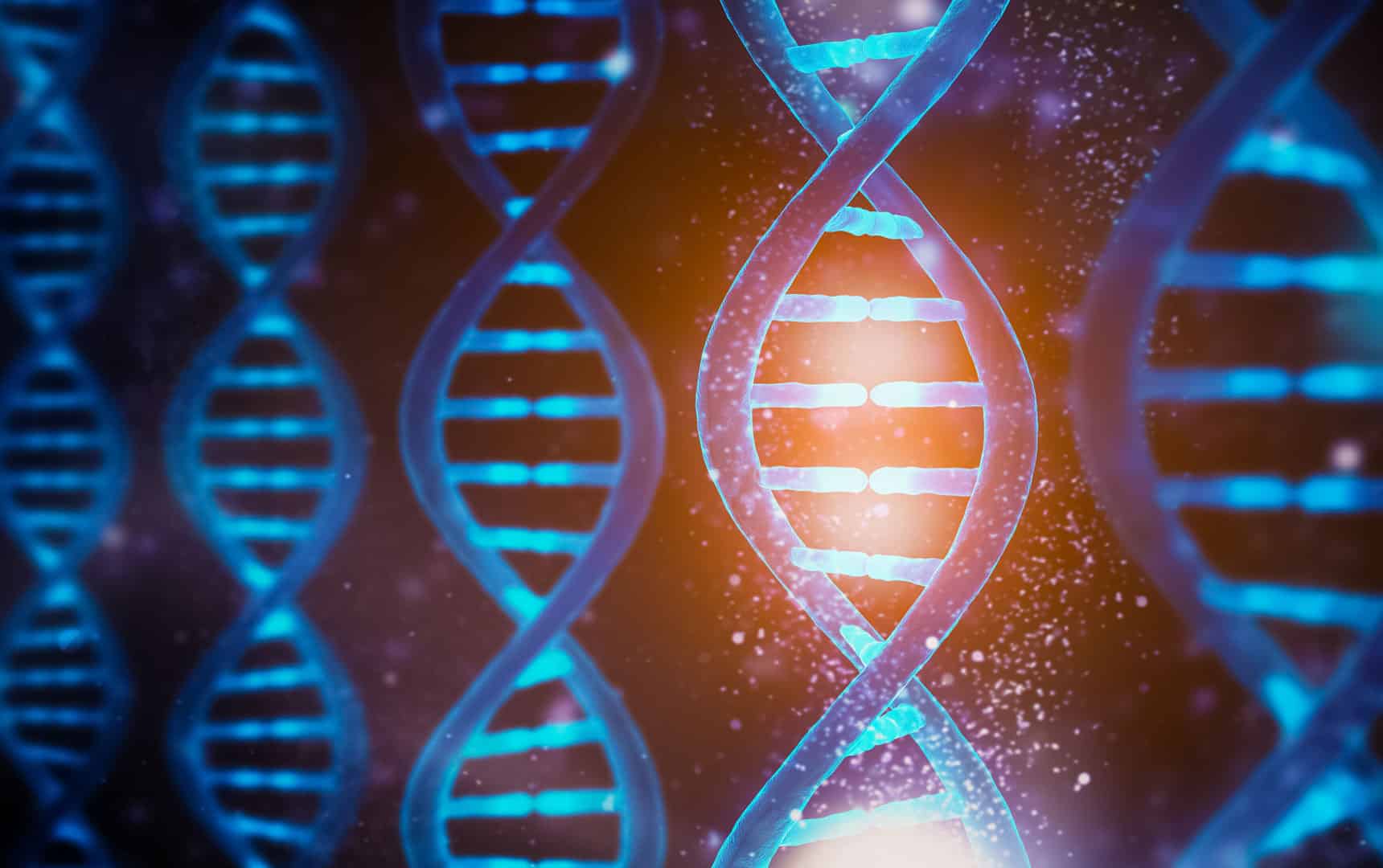 Glowing and shining DNA strands double helix close-up. Medical, biology, microbiology, genetics 3D rendering illustration concept. Artist vision