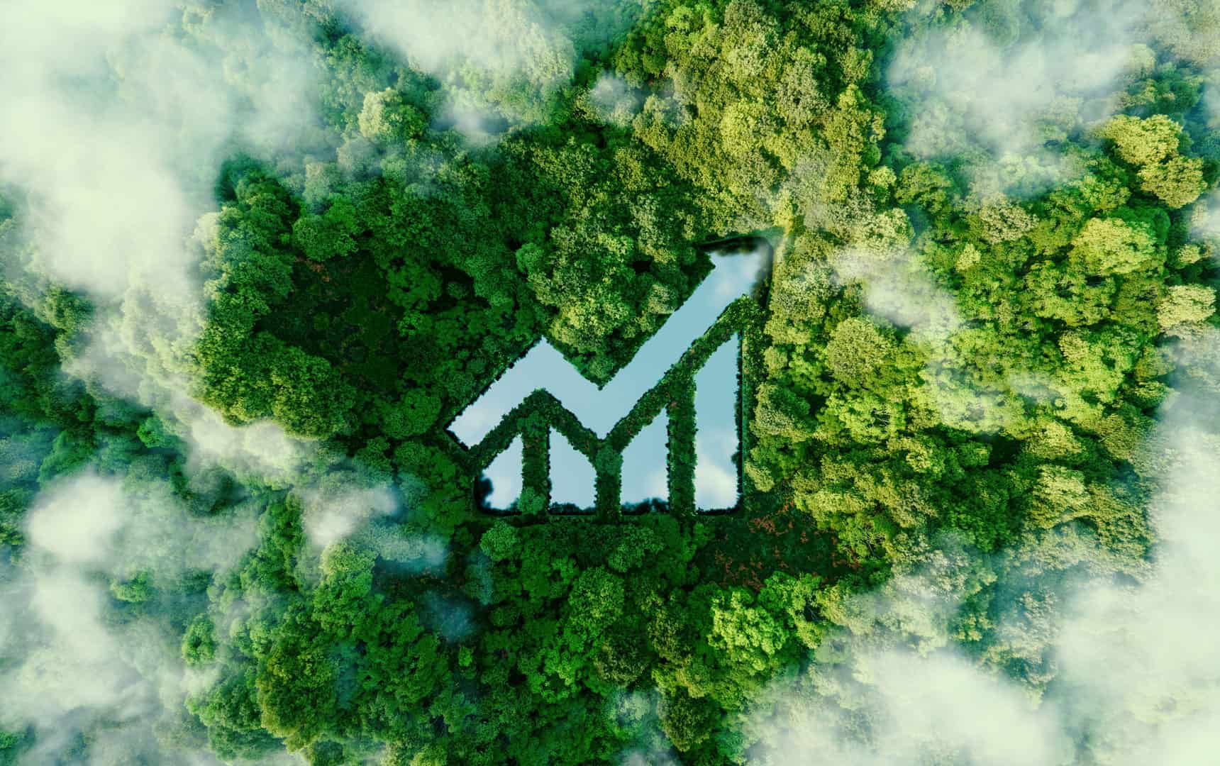 A lake in the shape of a rising graph in the middle of untouched nature symbolizing the growing interest in ecology and nature conservation. 3d rendering. stock photo
