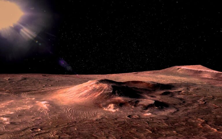 Mars - the red planet. Martian surface with hills and craters and dust in the atmosphere. Lens flare. The elements of this image furnished by NASA. stock photo