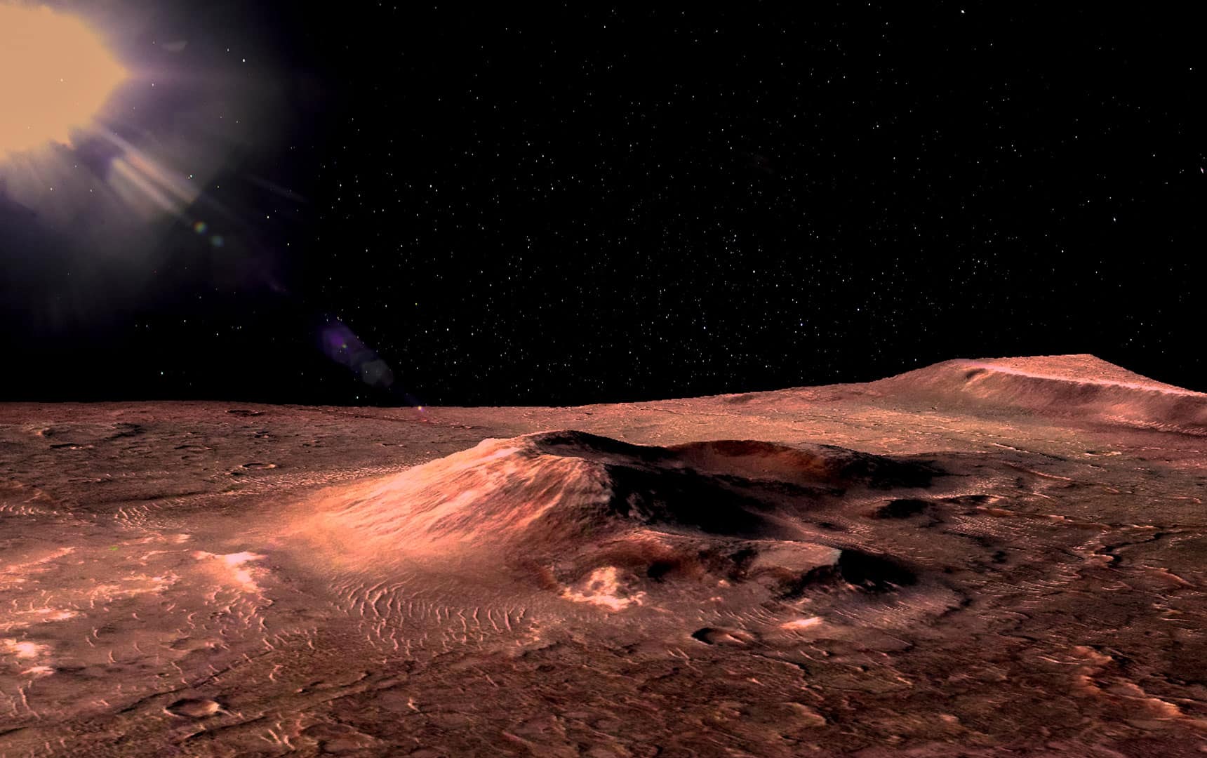 Mars - the red planet. Martian surface with hills and craters and dust in the atmosphere. Lens flare. The elements of this image furnished by NASA. stock photo