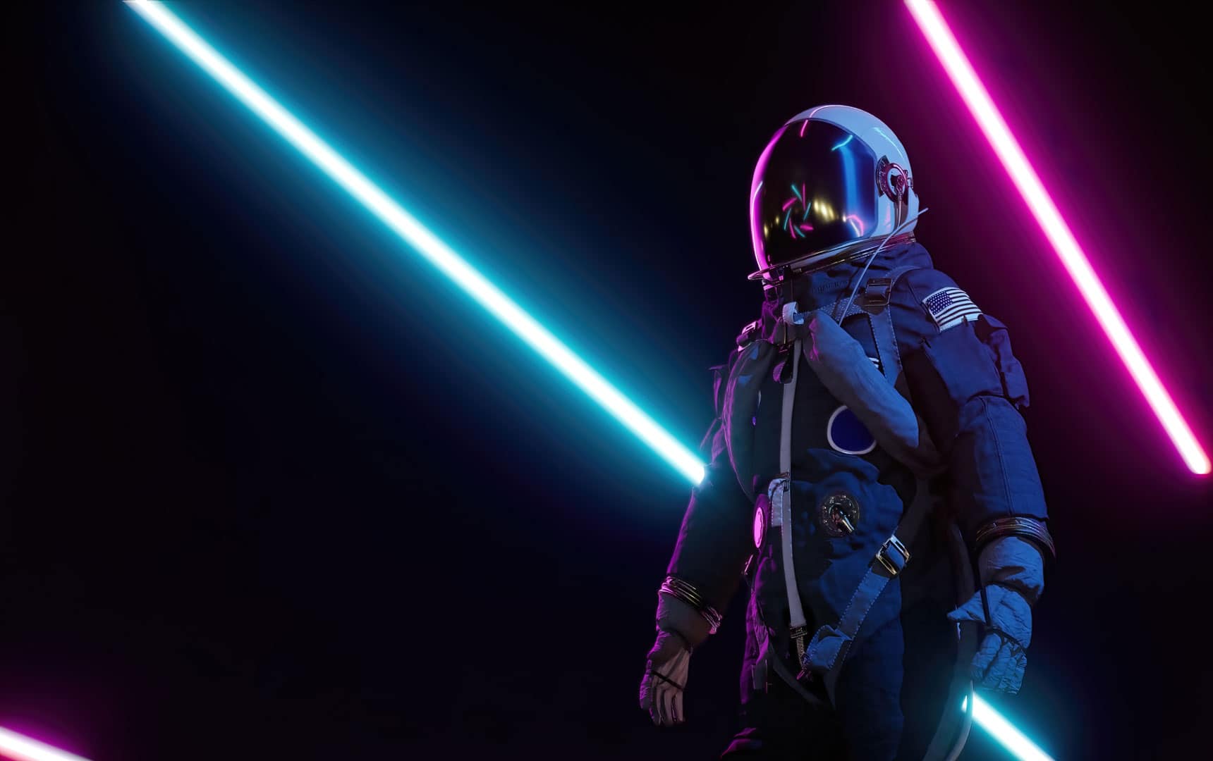 Retrowave astronaut among neon laser beams. Futuristic neon background 3d render stock photo