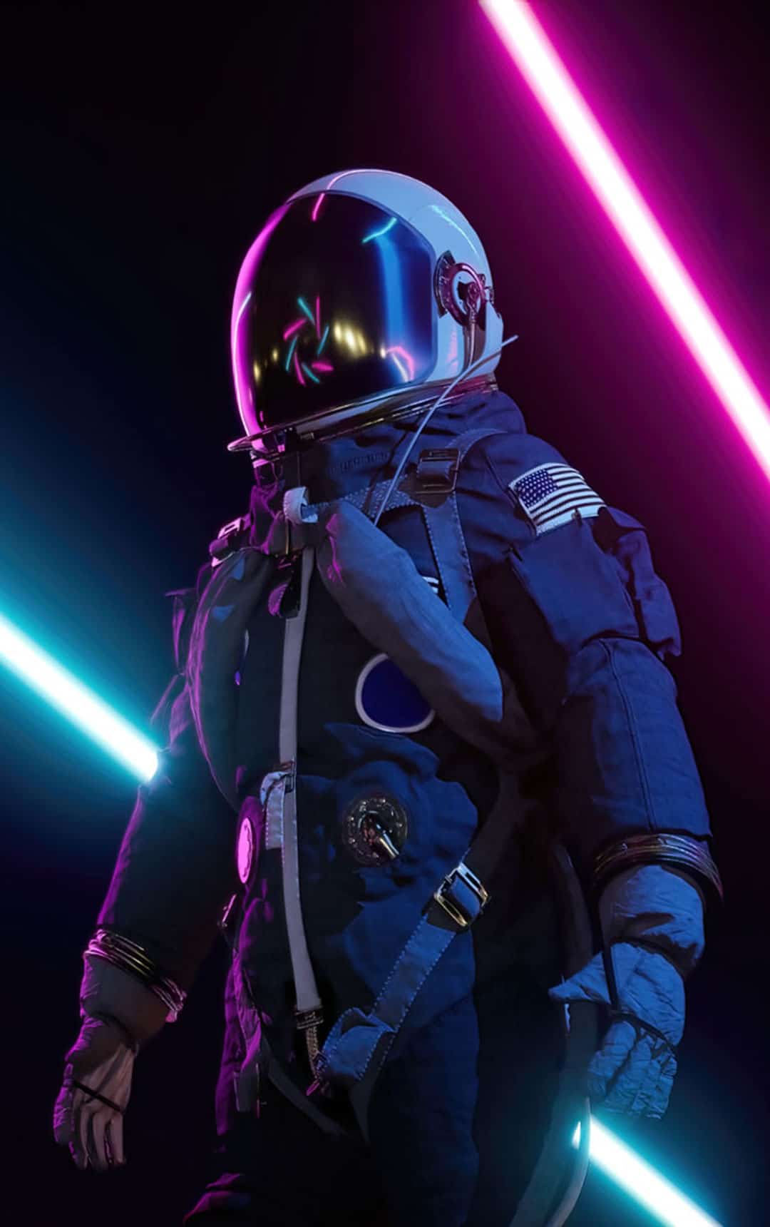 Retrowave astronaut among neon laser beams. Futuristic neon background 3d render stock photo