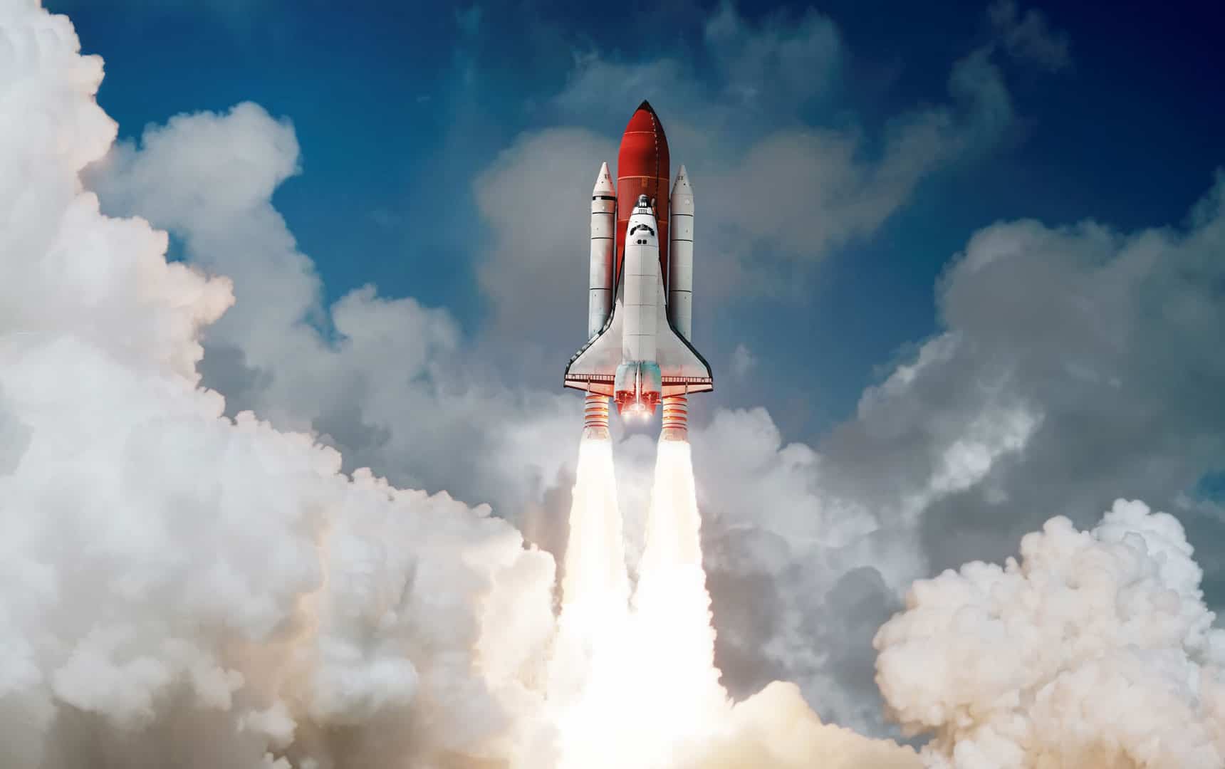 Space shuttle rocket launch in the sky and clouds to outer space. Sky and clouds. Spacecraft flight. Elements of this image furnished by NASA stock photo