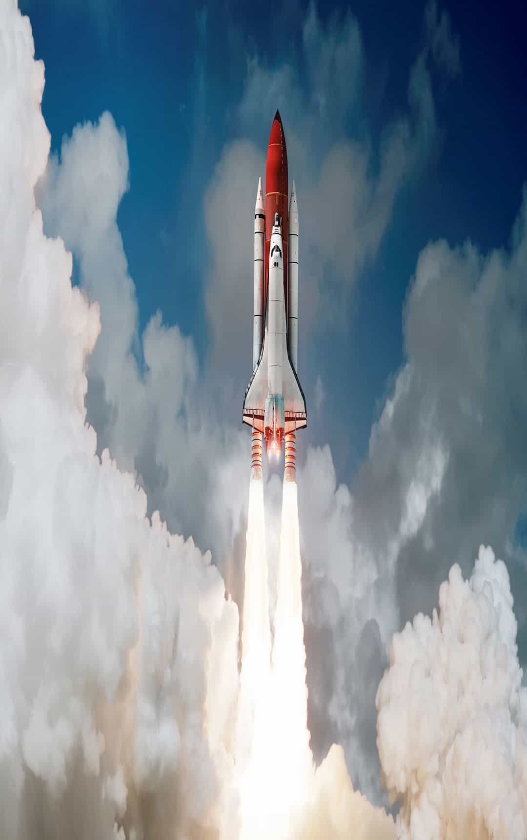 Space shuttle rocket launch in the sky and clouds to outer space. Sky and clouds. Spacecraft flight. Elements of this image furnished by NASA stock photo