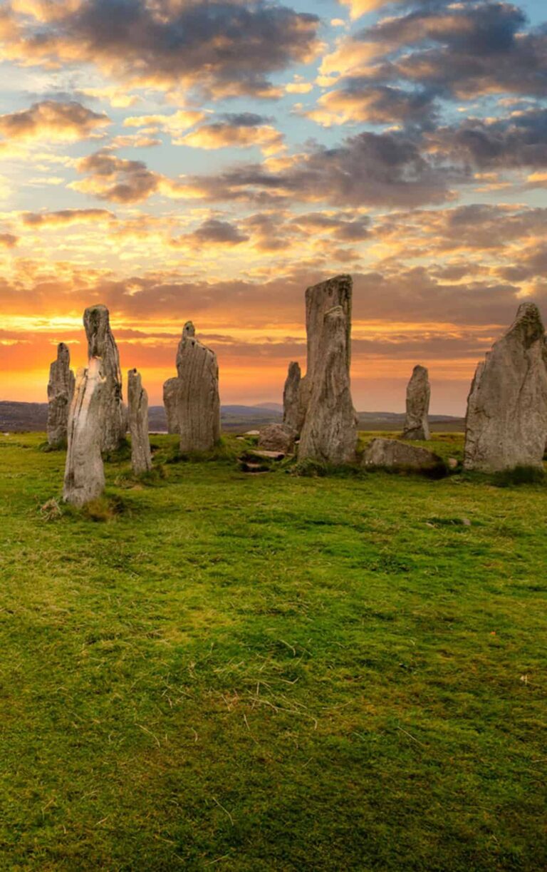 Stunning sunset over the stone circle at Callanish on the Isle of Lewis, Outer Hebrides of Scotland stock photo