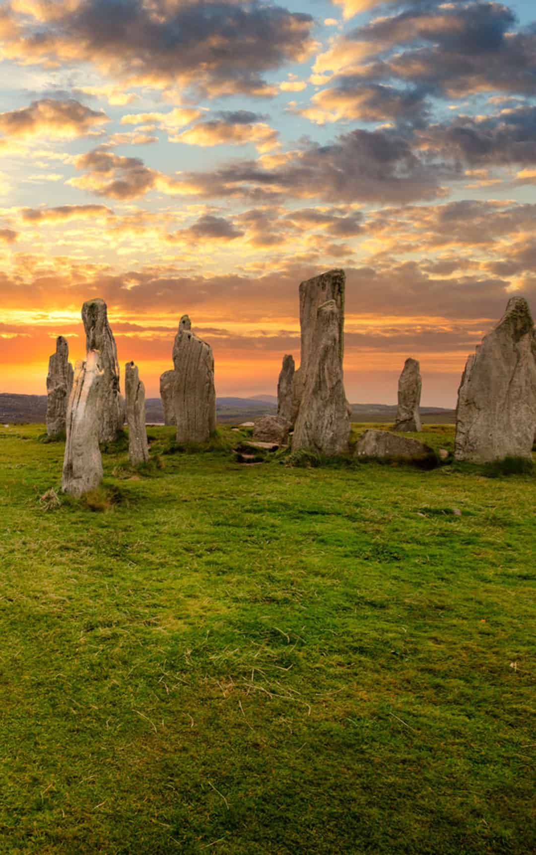 Stunning sunset over the stone circle at Callanish on the Isle of Lewis, Outer Hebrides of Scotland stock photo