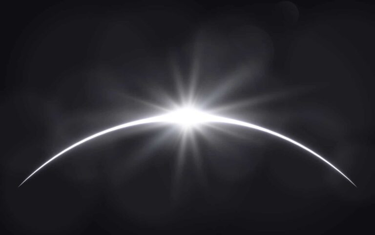 Sun eclipse. Solar ring on dark backdrop. Planet with sun rays. Abstract light effect. White glow in space. Earth horizon with lights. Realistic sunrise with glares. Vector illustration stock illustration