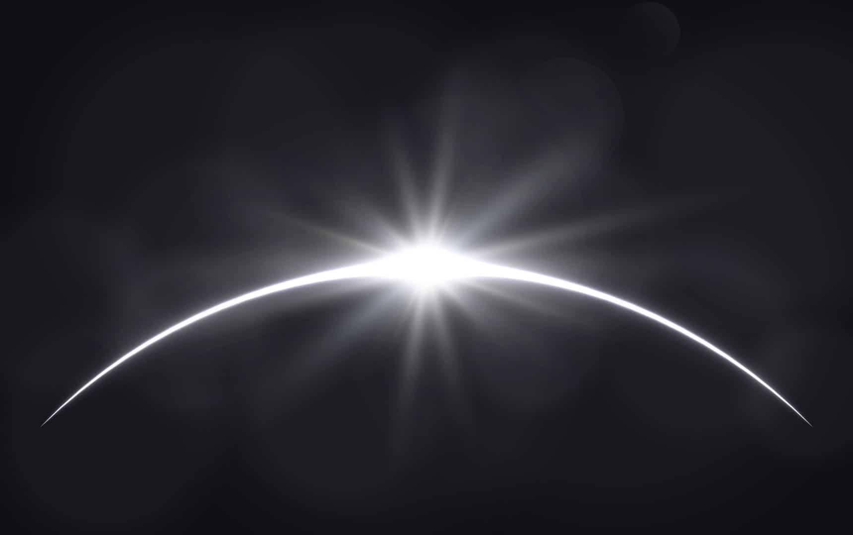 Sun eclipse. Solar ring on dark backdrop. Planet with sun rays. Abstract light effect. White glow in space. Earth horizon with lights. Realistic sunrise with glares. Vector illustration stock illustration