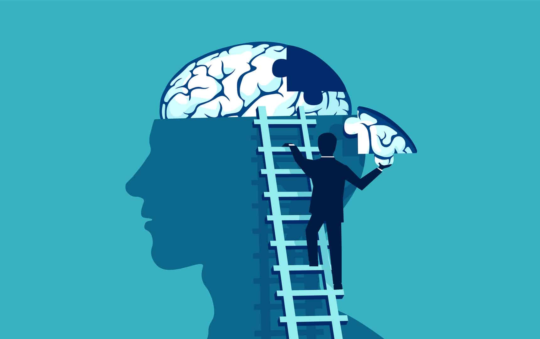 Business man climbing up the stairs reaching human head to add piece of brain stock illustration