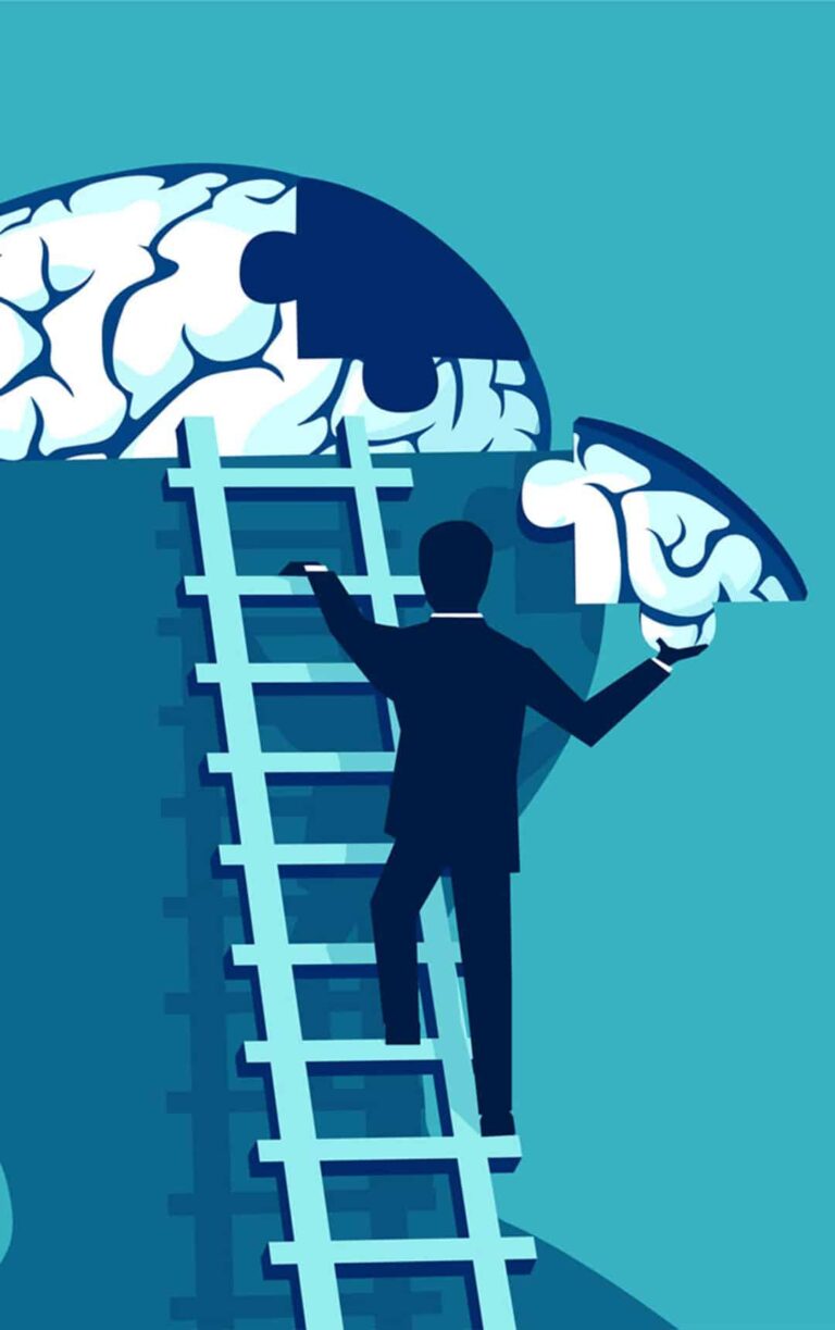 Business man climbing up the stairs reaching human head to add piece of brain stock illustration