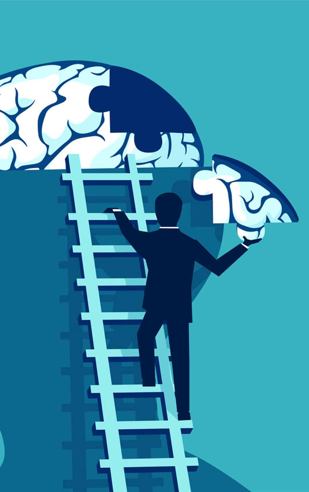 Business man climbing up the stairs reaching human head to add piece of brain stock illustration