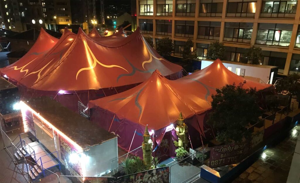 Large pink tent situated in Centre for Life's Times Square.