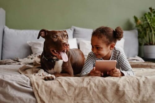 Little African American Girl With Dog On Bed