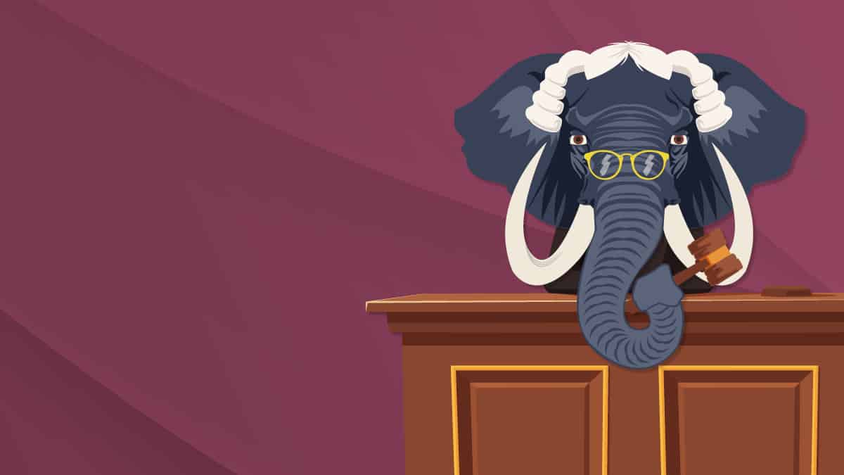An illustration of an elephant in a courtroom setting.