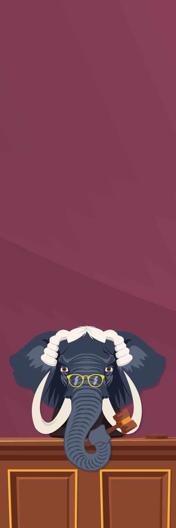 Illustration of an elephant in a courtoom with pink background.