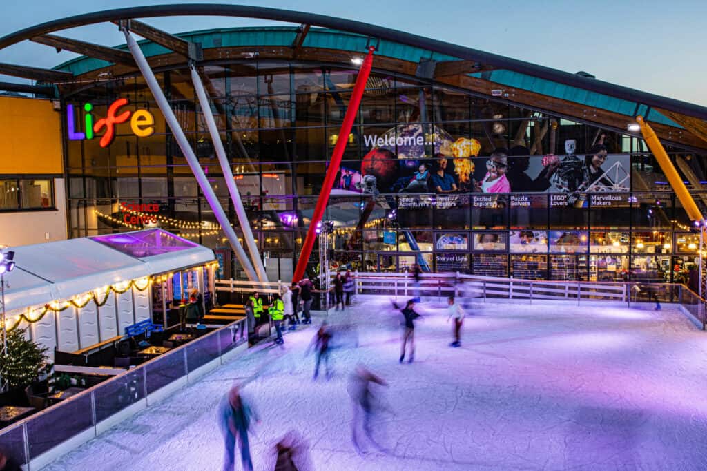 Group of skaters enjoying private hire of Life Science Centre's city centre ice rink.