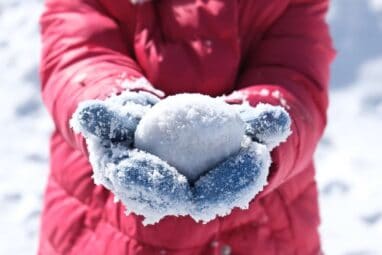 Snowball In Frosty Mittens On The Hands Of A Child.