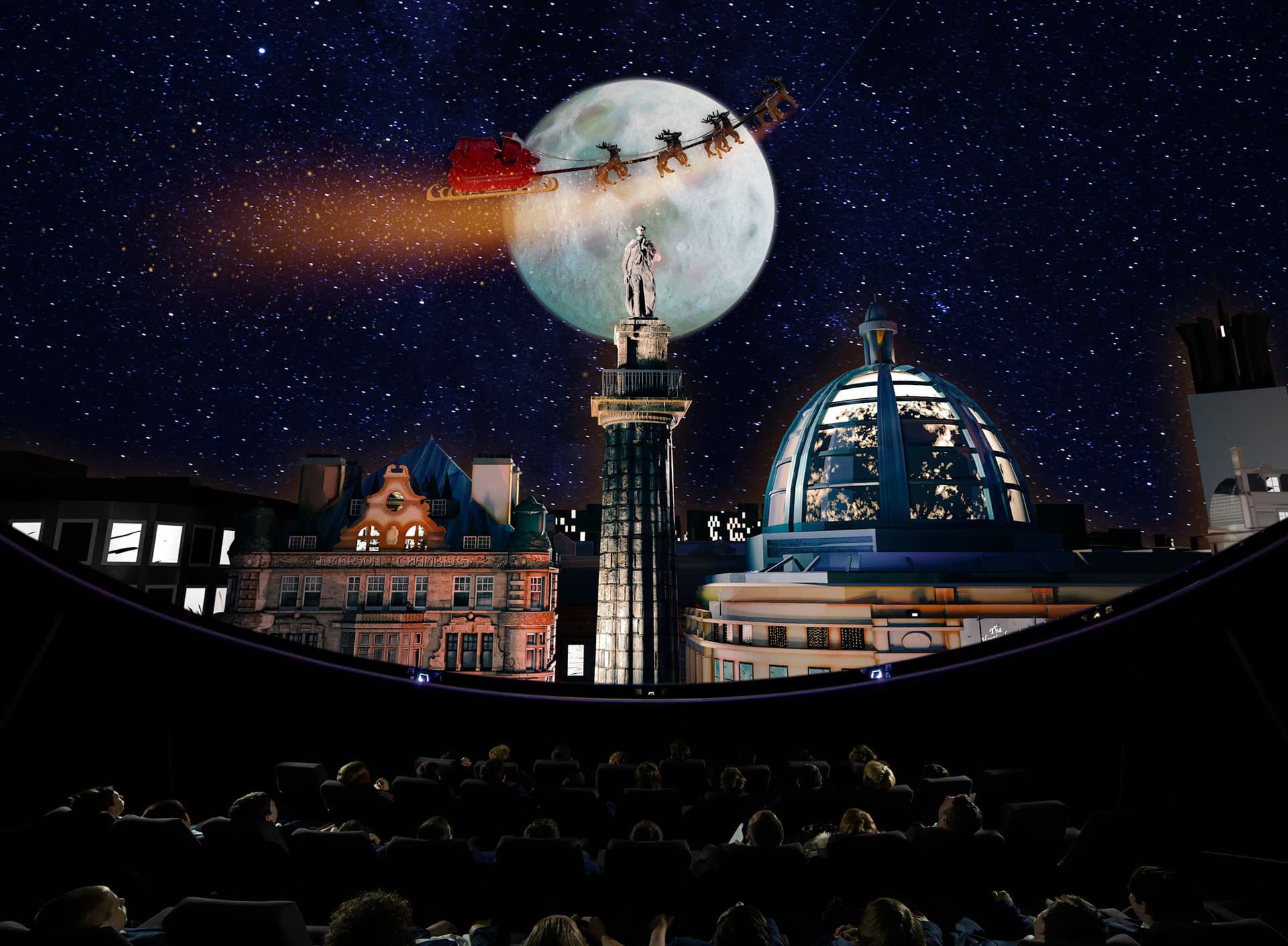 Overhead shot of santa flying over Newcastle skyline during 'What Santa Sees' planetarium show.