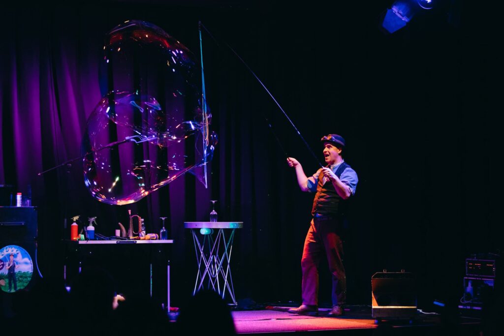 Behind the scenes shot of bubble show, coming to Life during British Science Week