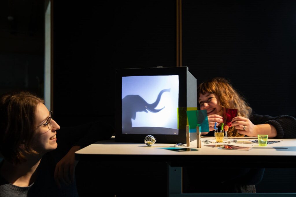 Life Science Centre's team experimenting with light boxes in the Making Studios.