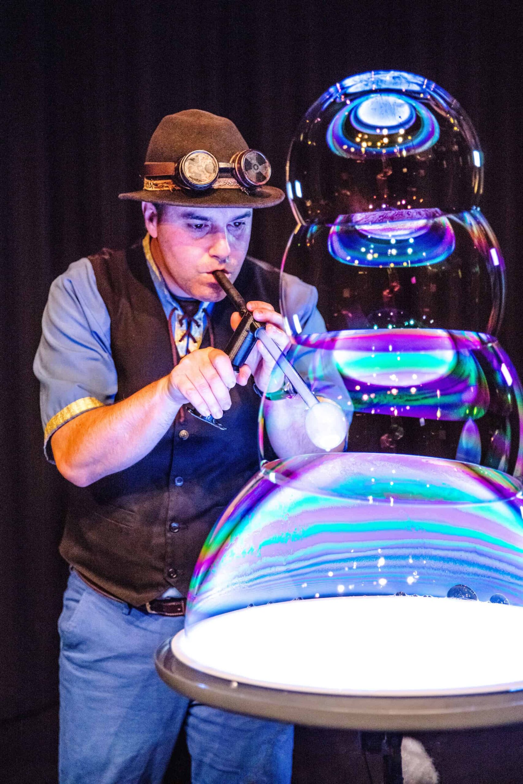 The Highland Joker creating colourful bubbles of all shapes and sizes.