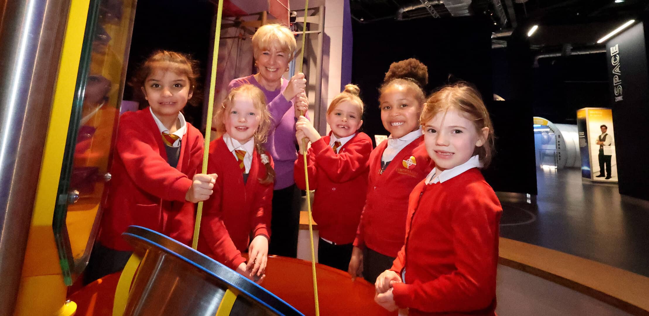 Linda Conlon with school children in Wow Zone at the start of British Science Week.