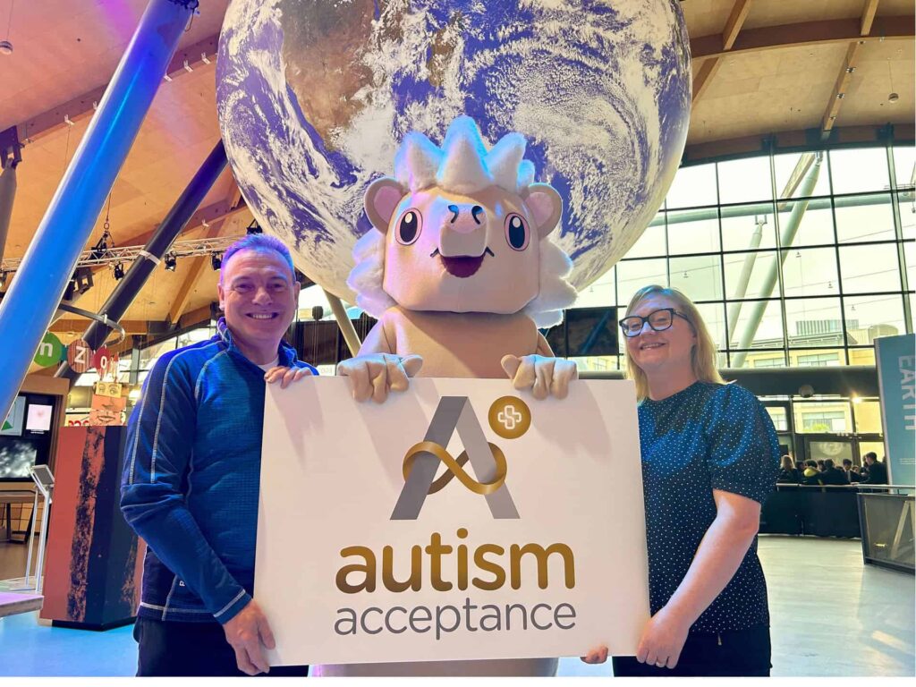 Community Manager David Jones with Kerrie Highcock and Snowdrop from North East Autism Society