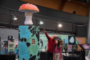 Young teen with grandad looking at large mushroom in Life Science Centre exhibit.