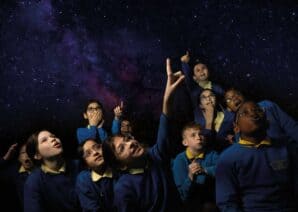 School children in Life Science Centre's mobile planetarium during an outreach eventr.