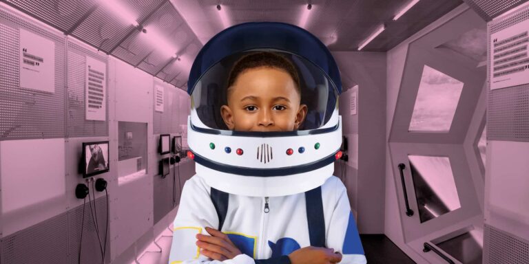 Astronaut boy in Life Science Centre Space Zone.