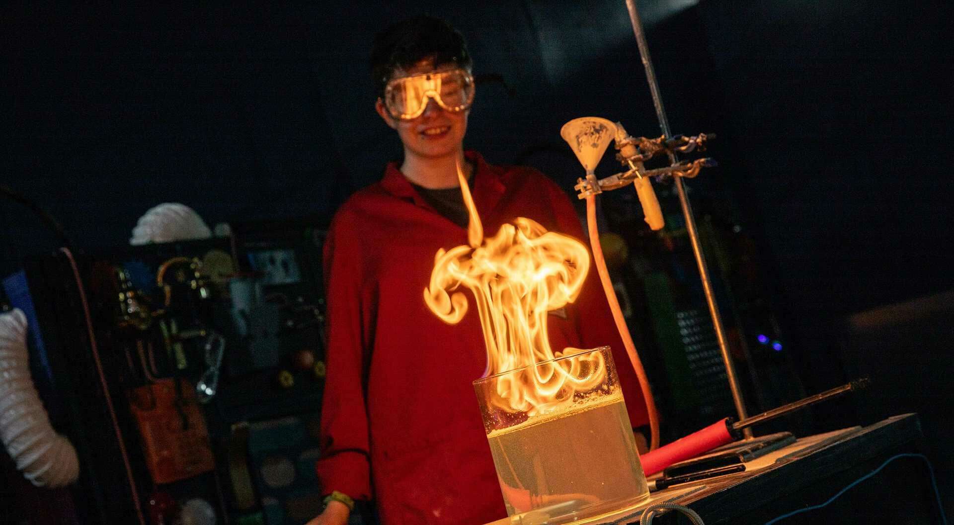 Flame demonstration during Great North Time Machine Live Science Show in Life Science Centre.