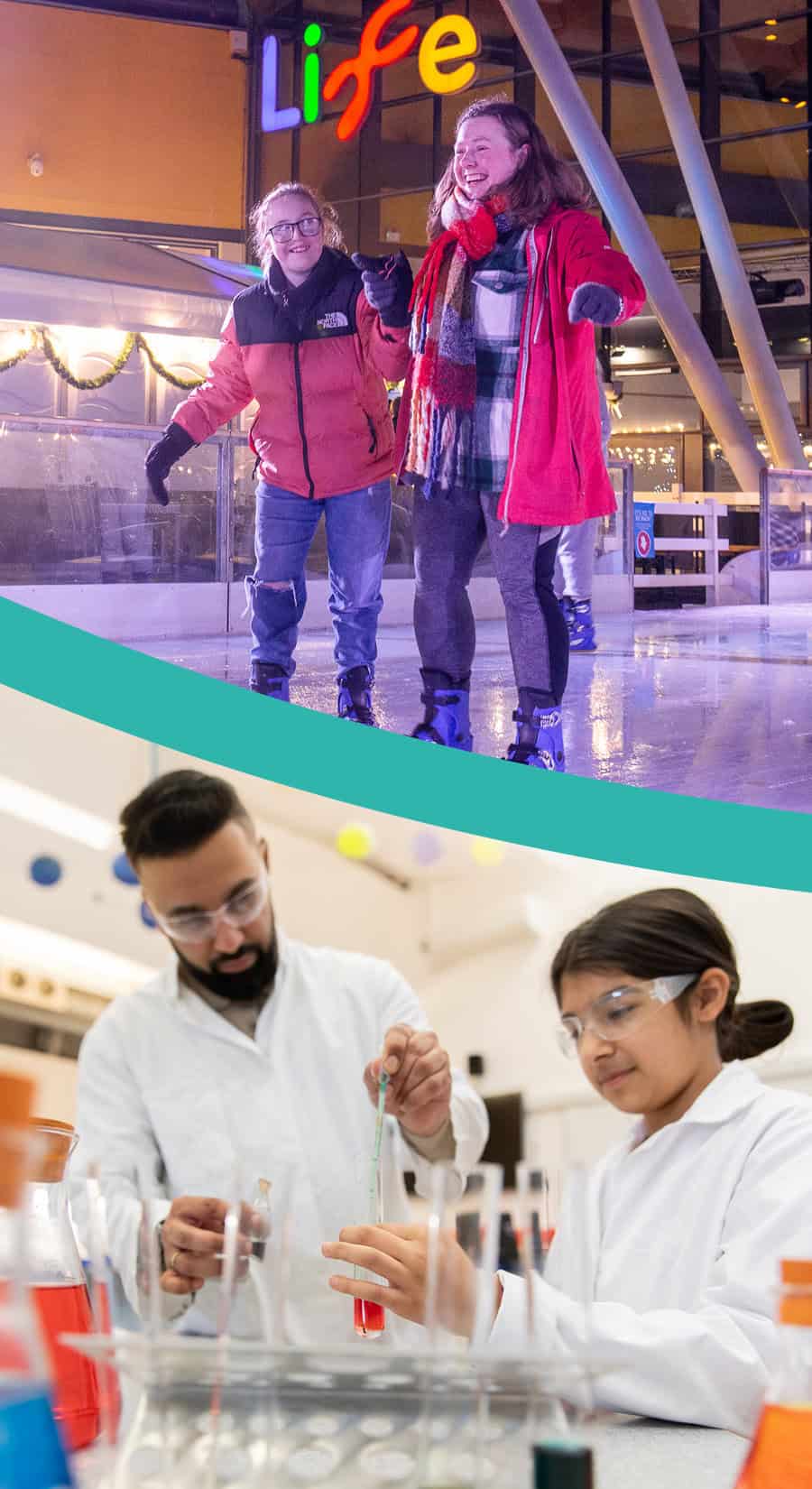 Father and daughter in home education workshop and mother and daughter on ice rink at Newcastle's Life Science Centre.