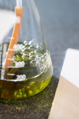 Brightly coloured green liquid in a test tube.