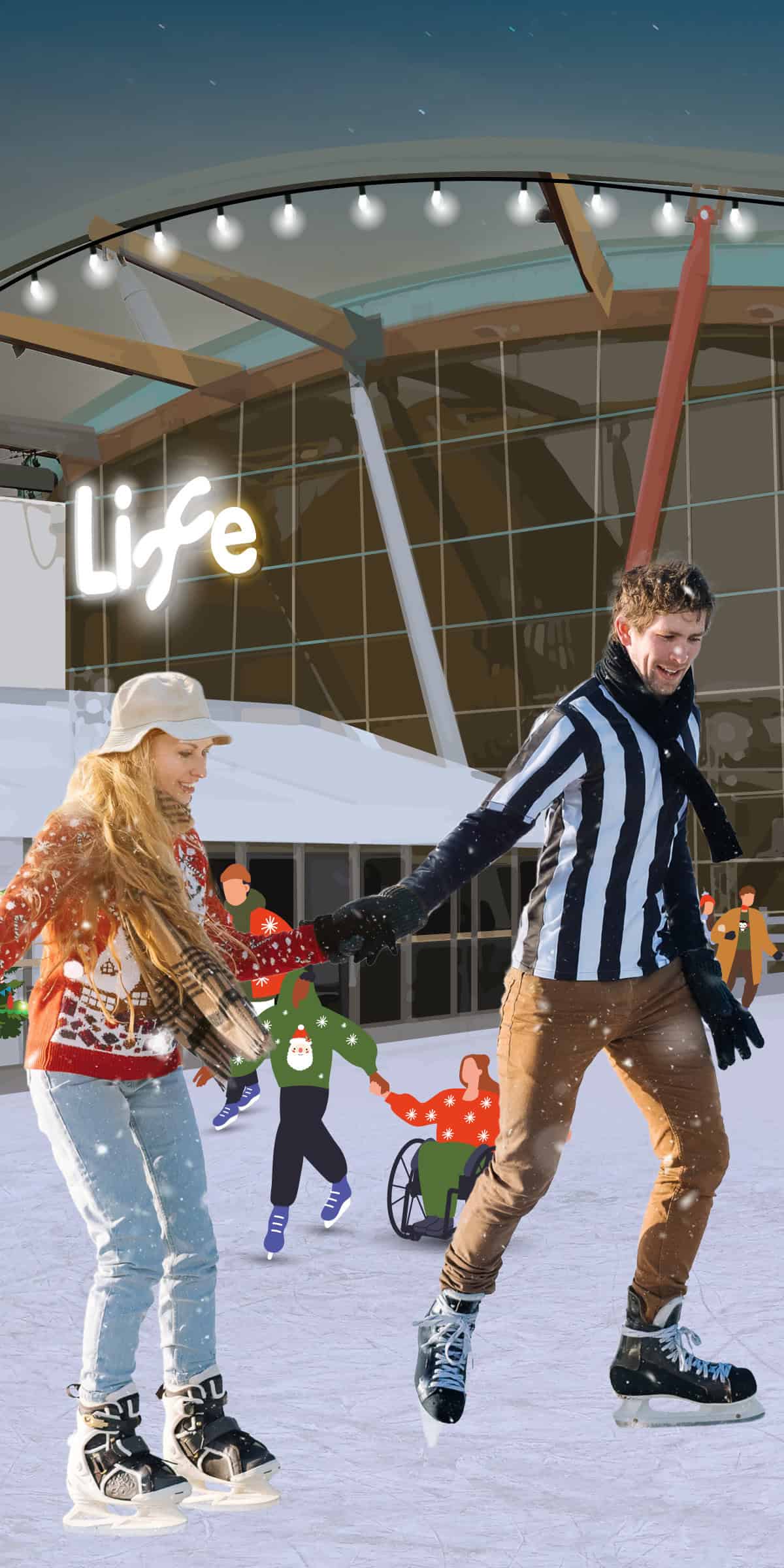 Man and woman at Sam Fender Ice Skating night in Newcastle.