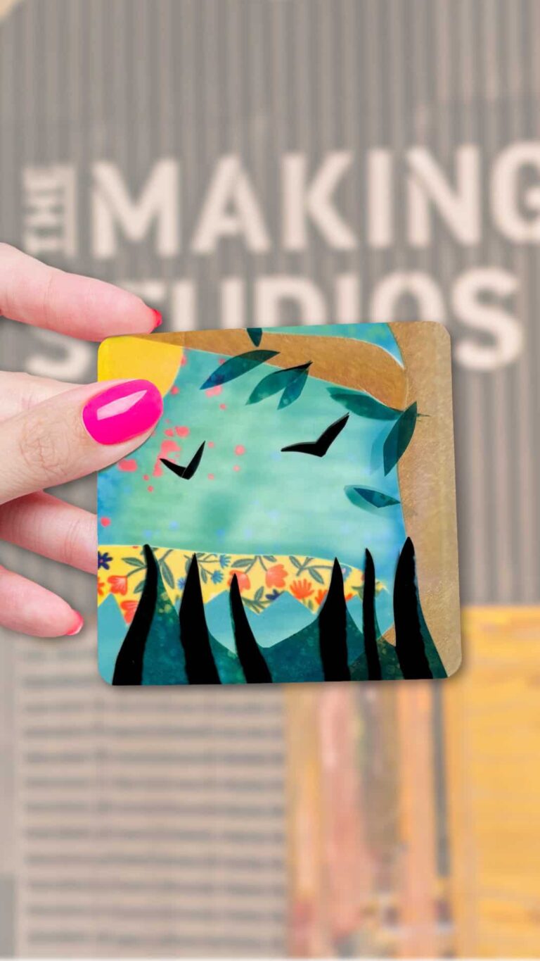 Hand made, vibrant and unique digital coaster made at Life Science Centre workshop.