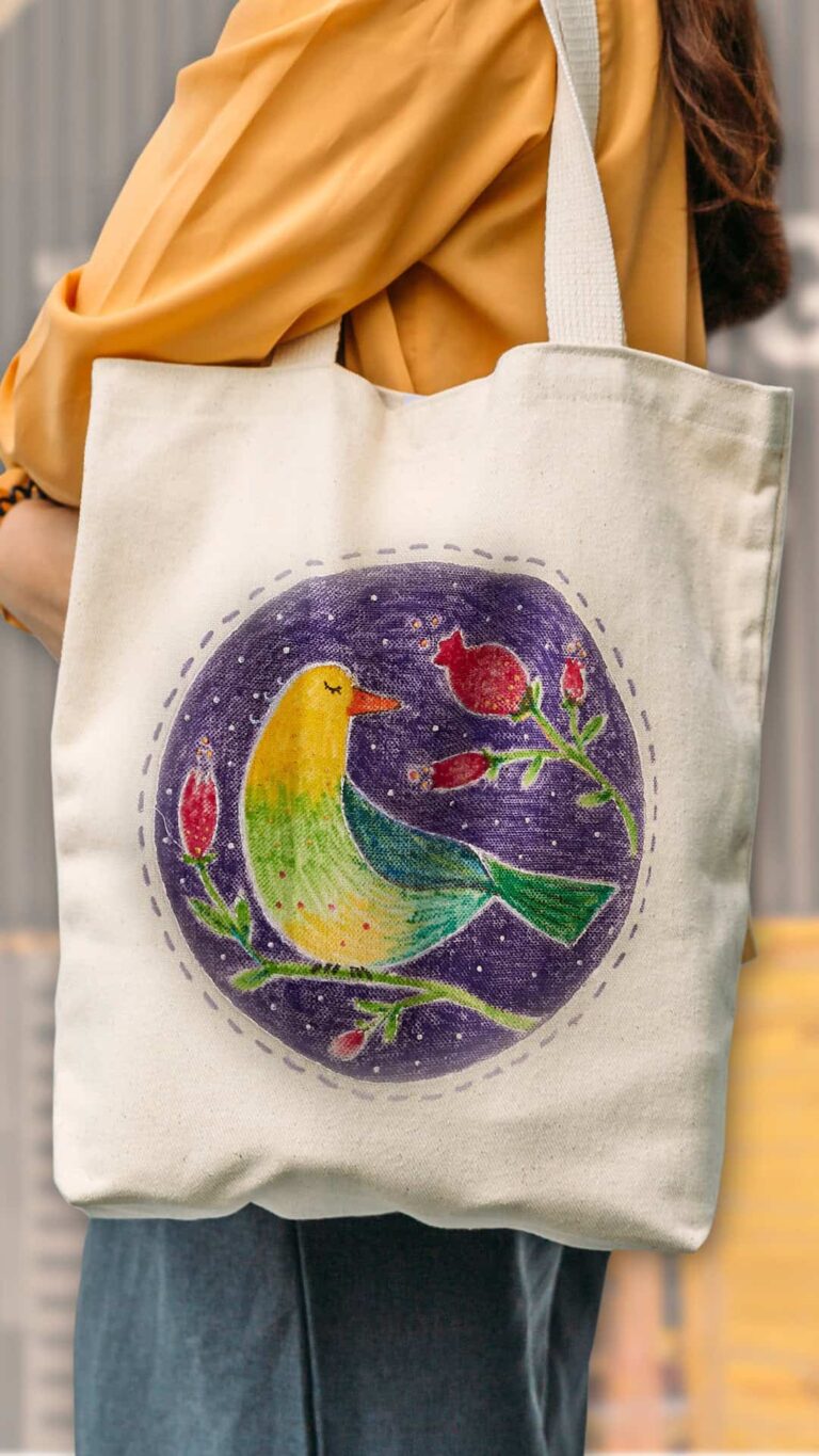 Handmade printed tote bag made during Life Science Centre crafting workshop.