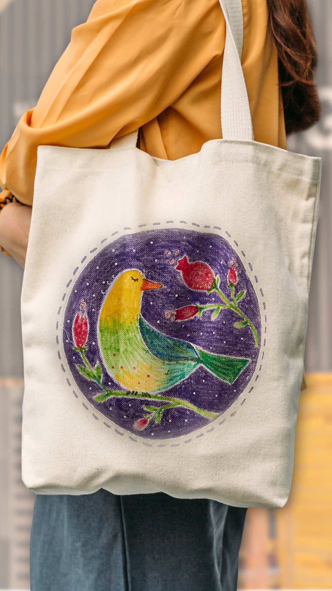 Handmade printed tote bag made during Life Science Centre crafting workshop.