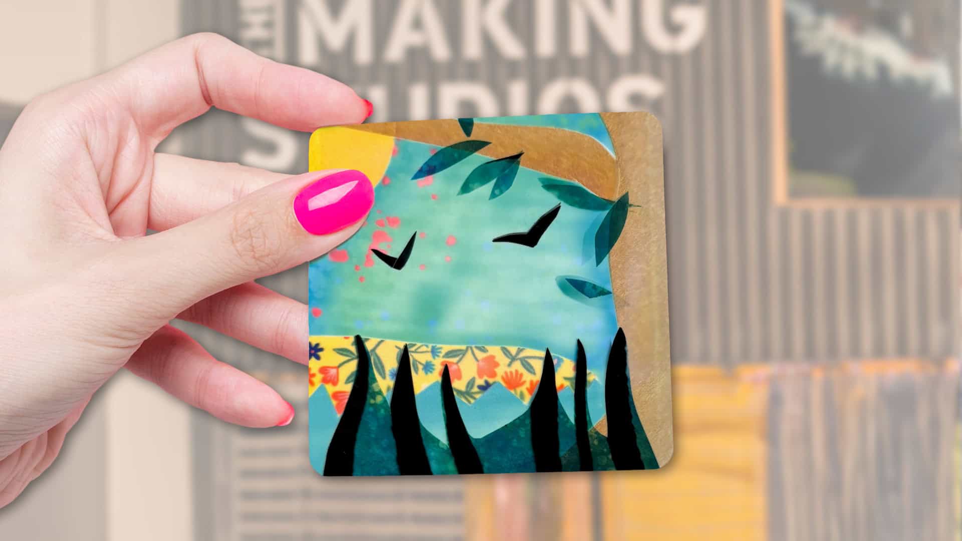 Hand made, vibrant and unique digital coaster made at Life Science Centre workshop.
