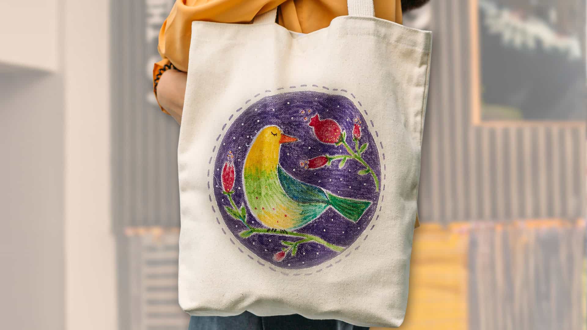 Handmade printed tote bag made during Life Science Centre crafting workshop.