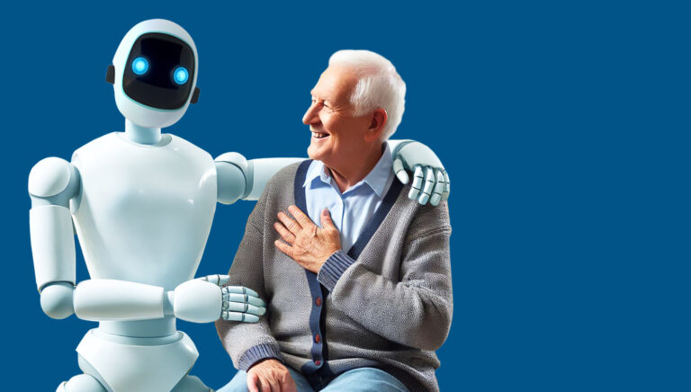 Older man with hand to chest, with a robot with a white robot with arms around him.