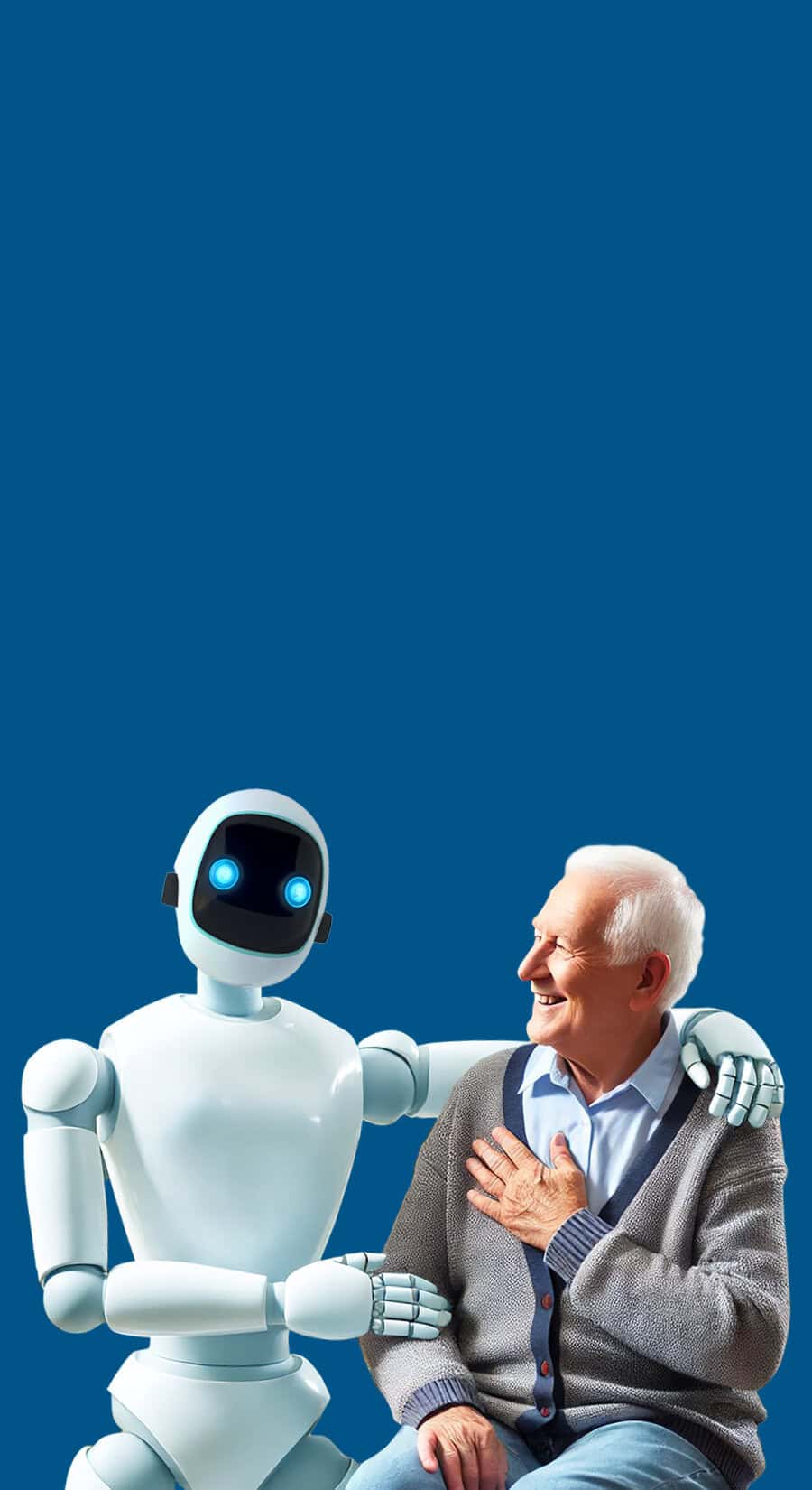 Older man with hand to chest, with a robot with a white robot with arms around him.