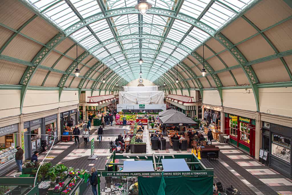 Overhead shot of the Grainger Market arcade showcasing different vendors