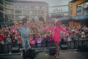 Crowds pose for a group photo at Pride in the City in Newcastle.